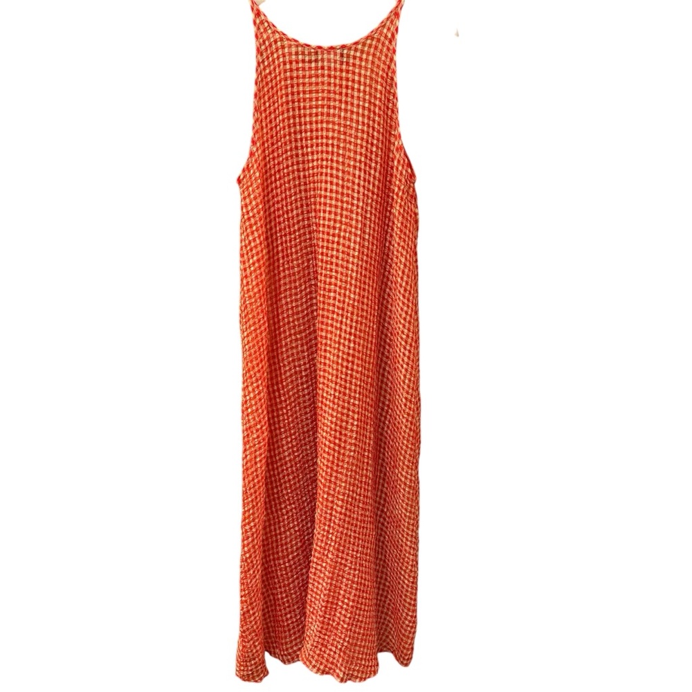 Semi sheer Natori maxi dress, orange and yellow gingham. Large - Picture 2 of 11